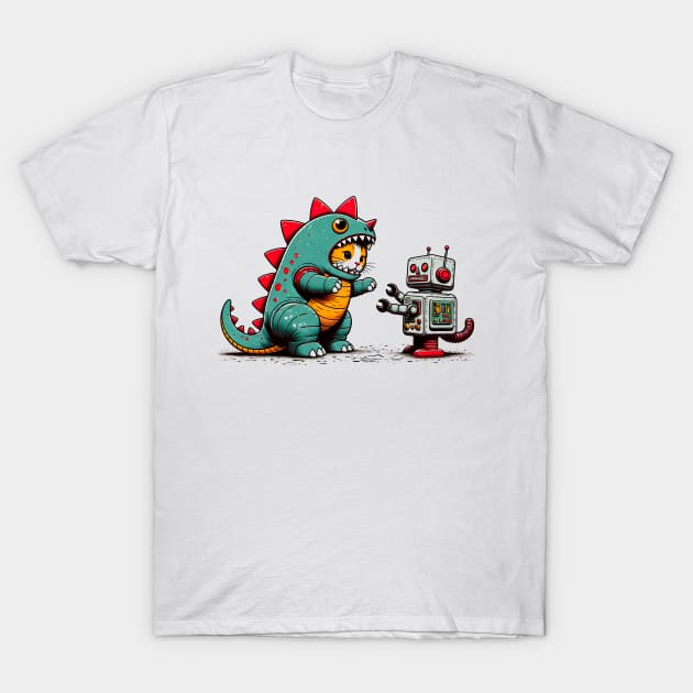 Funny Catzilla vs. Robot Cat Humor T-Shirt and Sweatshirt T-Shirt by Klimek Prints